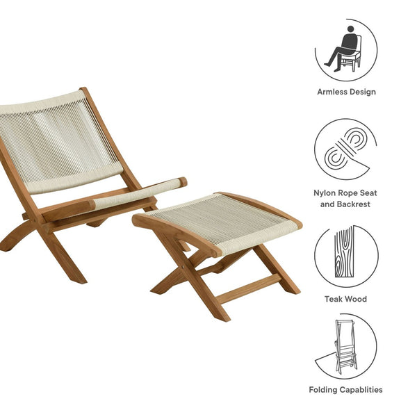 Modway Furniture Vienna Outdoor Folding Lounge Chair and Ottoman Set – Stylish Teak and Rope for Patio Relaxation Natural Natural EEI-6938-NAT-NAT