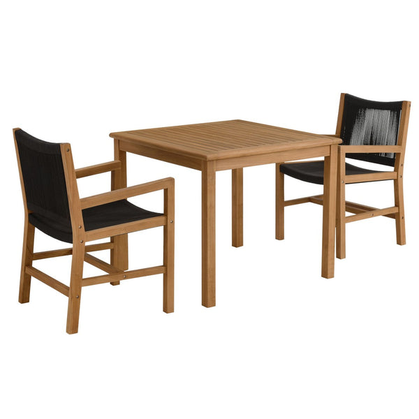 Modway Furniture Vienna 3-Piece Outdoor Patio Teak Dining Set with Stylish Rope Armchairs for Modern Entertaining Natural Black EEI-6940-NAT-BLK
