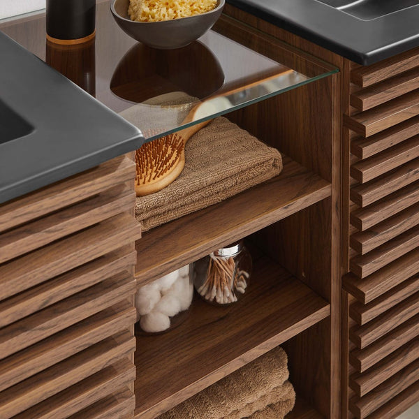 Modway Furniture Render 62" Wall-Mount Double Sink Vanity - Mid-Century Modern Design with Ample Storage Solutions Walnut Black EEI-6941-WAL-BLK