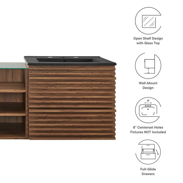 Modway Furniture Render 62" Wall-Mount Double Sink Vanity - Mid-Century Modern Design with Ample Storage Solutions Walnut Black EEI-6941-WAL-BLK