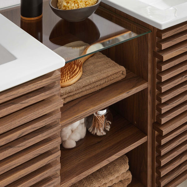 Modway Furniture Render 62" Wall-Mount Double Sink Vanity - Mid-Century Modern Design with Ample Storage Solutions Walnut White EEI-6941-WAL-WHI