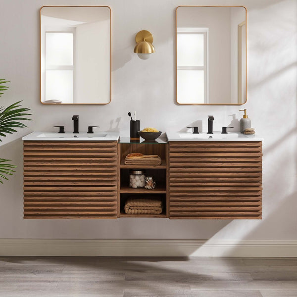 Modway Furniture Render 62" Wall-Mount Double Sink Vanity - Mid-Century Modern Design with Ample Storage Solutions Walnut White EEI-6941-WAL-WHI