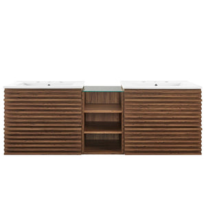 Modway Furniture Render 62" Wall-Mount Double Sink Vanity - Mid-Century Modern Design with Ample Storage Solutions Walnut White EEI-6941-WAL-WHI
