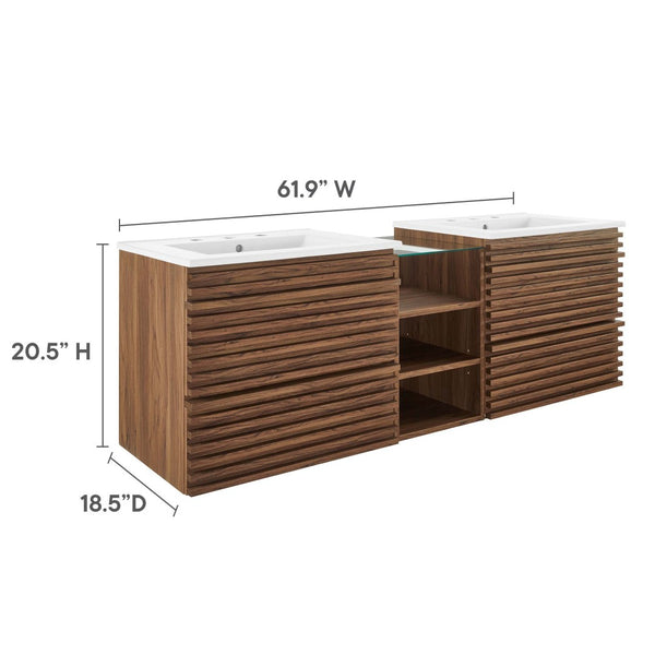 Modway Furniture Render 62" Wall-Mount Double Sink Vanity - Mid-Century Modern Design with Ample Storage Solutions Walnut White EEI-6941-WAL-WHI