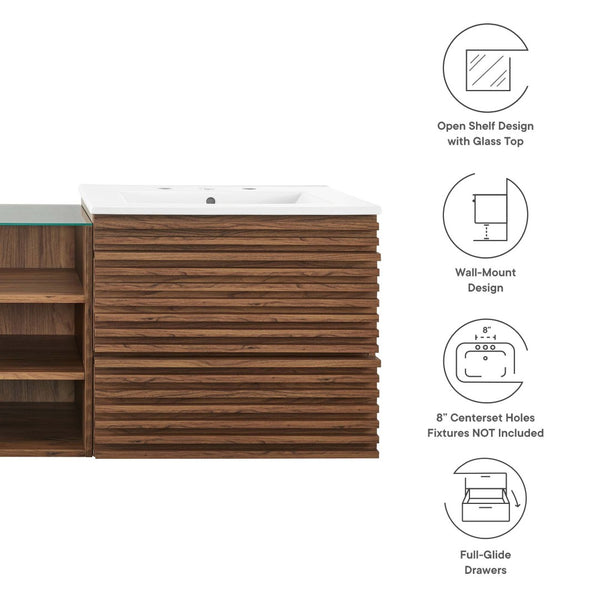 Modway Furniture Render 62" Wall-Mount Double Sink Vanity - Mid-Century Modern Design with Ample Storage Solutions Walnut White EEI-6941-WAL-WHI