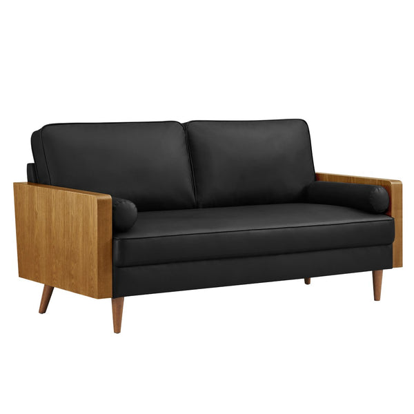 Modway Furniture Kellan Vegan Leather Sofa - Modern Mid-Century Design with Plush Comfort and Elegant Wood Accents Walnut Black EEI-6942-WAL-BLK
