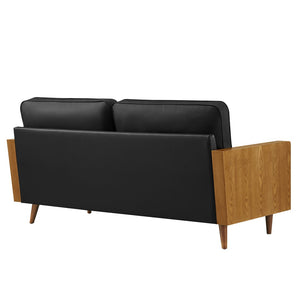 Modway Furniture Kellan Vegan Leather Sofa - Modern Mid-Century Design with Plush Comfort and Elegant Wood Accents Walnut Black EEI-6942-WAL-BLK