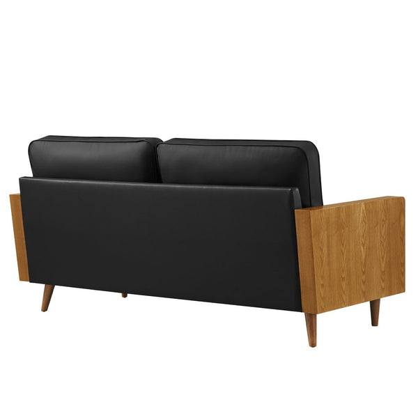 Modway Furniture Kellan Vegan Leather Sofa - Modern Mid-Century Design with Plush Comfort and Elegant Wood Accents Walnut Black EEI-6942-WAL-BLK