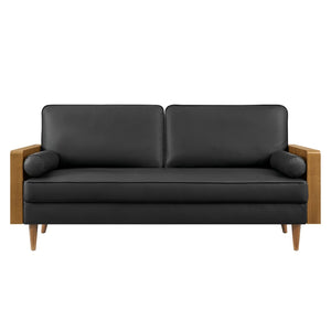 Modway Furniture Kellan Vegan Leather Sofa - Modern Mid-Century Design with Plush Comfort and Elegant Wood Accents Walnut Black EEI-6942-WAL-BLK