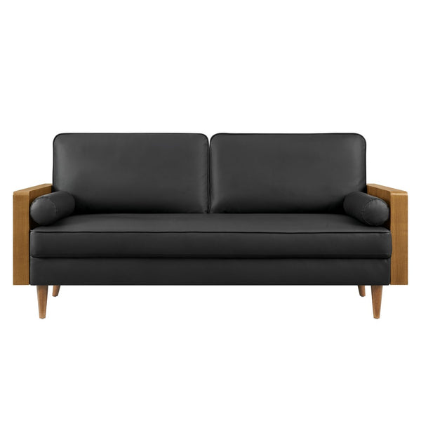 Modway Furniture Kellan Vegan Leather Sofa - Modern Mid-Century Design with Plush Comfort and Elegant Wood Accents Walnut Black EEI-6942-WAL-BLK