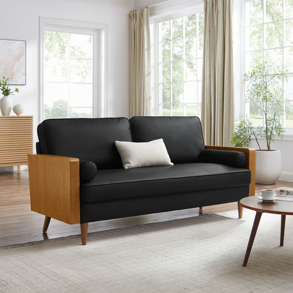 Modway Furniture Kellan Vegan Leather Sofa - Modern Mid-Century Design with Plush Comfort and Elegant Wood Accents Walnut Black EEI-6942-WAL-BLK