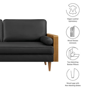 Modway Furniture Kellan Vegan Leather Sofa - Modern Mid-Century Design with Plush Comfort and Elegant Wood Accents Walnut Black EEI-6942-WAL-BLK