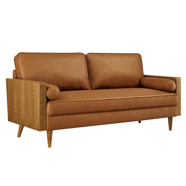 Modway Furniture Kellan Vegan Leather Sofa - Modern Mid-Century Design with Plush Comfort and Elegant Wood Accents Walnut Tan EEI-6942-WAL-TAN