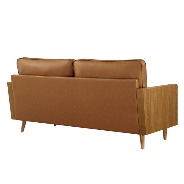 Modway Furniture Kellan Vegan Leather Sofa - Modern Mid-Century Design with Plush Comfort and Elegant Wood Accents Walnut Tan EEI-6942-WAL-TAN