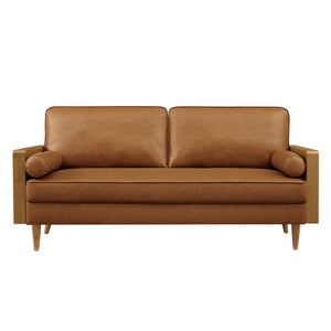 Modway Furniture Kellan Vegan Leather Sofa - Modern Mid-Century Design with Plush Comfort and Elegant Wood Accents Walnut Tan EEI-6942-WAL-TAN