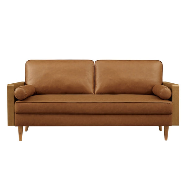 Modway Furniture Kellan Vegan Leather Sofa - Modern Mid-Century Design with Plush Comfort and Elegant Wood Accents Walnut Tan EEI-6942-WAL-TAN