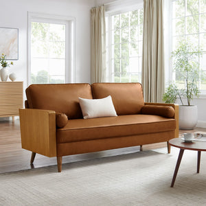 Modway Furniture Kellan Vegan Leather Sofa - Modern Mid-Century Design with Plush Comfort and Elegant Wood Accents Walnut Tan EEI-6942-WAL-TAN