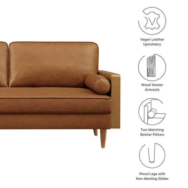 Modway Furniture Kellan Vegan Leather Sofa - Modern Mid-Century Design with Plush Comfort and Elegant Wood Accents Walnut Tan EEI-6942-WAL-TAN