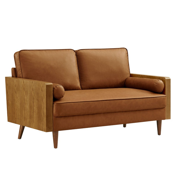 Modway Furniture Kellan Vegan Leather Loveseat - Stylish Mid-Century Modern Sofa for Compact Living Spaces & Comfort Walnut Tan EEI-6943-WAL-TAN