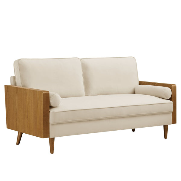 Modway Furniture Kellan Performance Velvet Sofa - Stylish Mid-Century Modern Design with Plush Comfort & Durability Walnut Alabaster EEI-6944-WAL-ALA