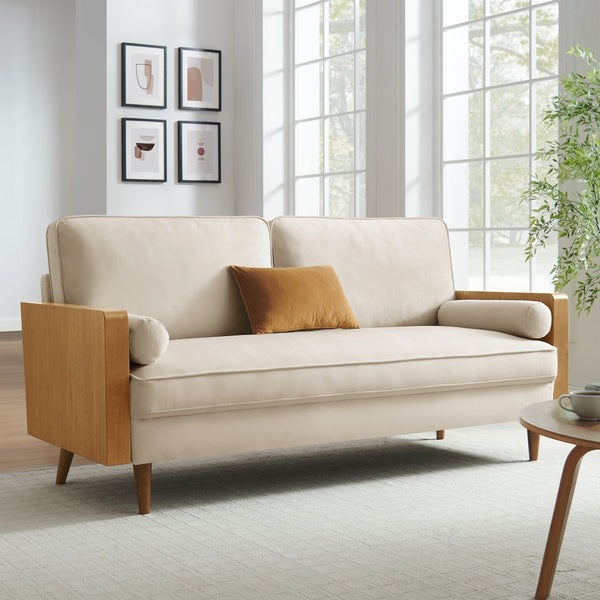 Modway Furniture Kellan Performance Velvet Sofa - Stylish Mid-Century Modern Design with Plush Comfort & Durability Walnut Alabaster EEI-6944-WAL-ALA