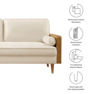Modway Furniture Kellan Performance Velvet Sofa - Stylish Mid-Century Modern Design with Plush Comfort & Durability Walnut Alabaster EEI-6944-WAL-ALA