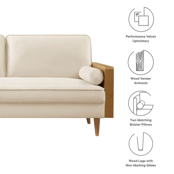 Modway Furniture Kellan Performance Velvet Sofa - Stylish Mid-Century Modern Design with Plush Comfort & Durability Walnut Alabaster EEI-6944-WAL-ALA