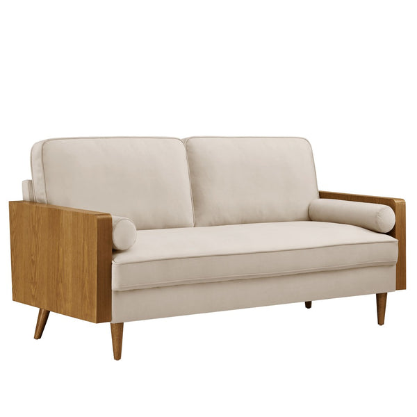 Modway Furniture Kellan Performance Velvet Sofa - Stylish Mid-Century Modern Design with Plush Comfort & Durability Walnut Almond EEI-6944-WAL-ALM