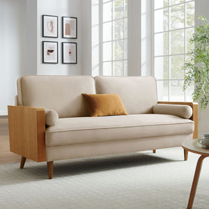 Modway Furniture Kellan Performance Velvet Sofa - Stylish Mid-Century Modern Design with Plush Comfort & Durability Walnut Almond EEI-6944-WAL-ALM