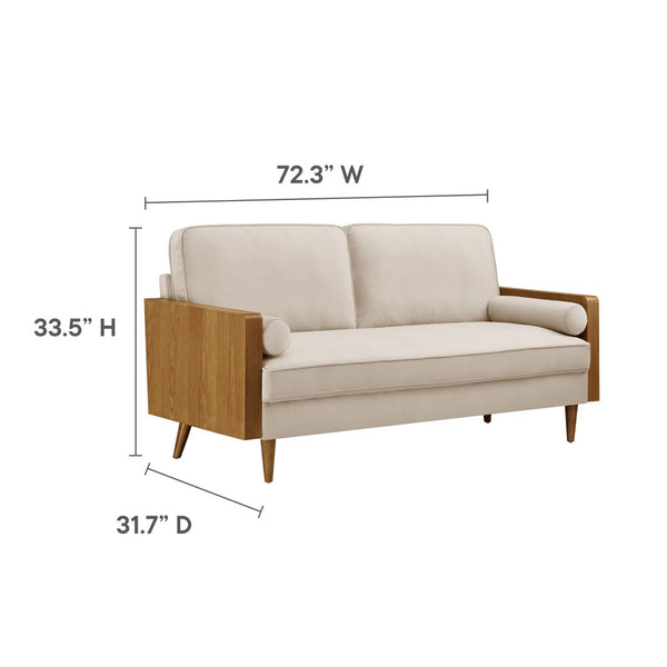 Modway Furniture Kellan Performance Velvet Sofa - Stylish Mid-Century Modern Design with Plush Comfort & Durability Walnut Almond EEI-6944-WAL-ALM