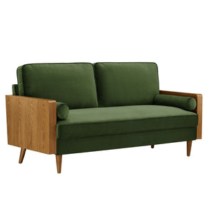 Modway Furniture Kellan Performance Velvet Sofa - Stylish Mid-Century Modern Design with Plush Comfort & Durability Walnut Moss Green EEI-6944-WAL-MOG