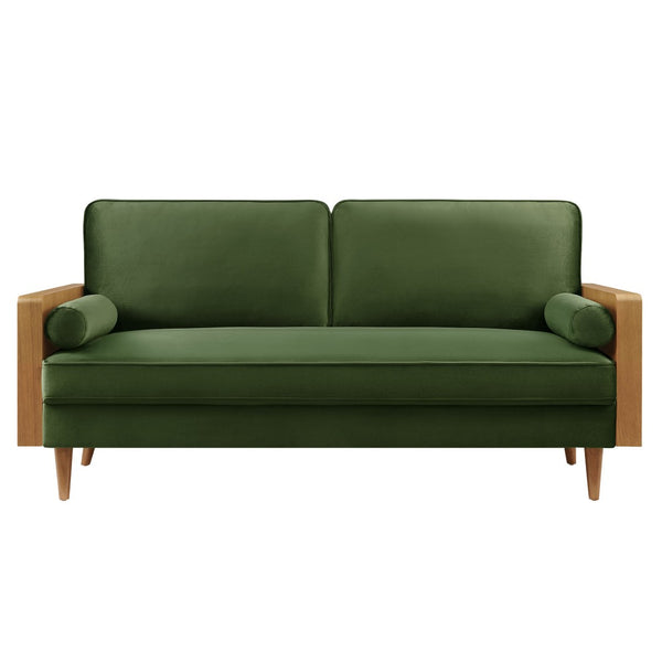 Modway Furniture Kellan Performance Velvet Sofa - Stylish Mid-Century Modern Design with Plush Comfort & Durability Walnut Moss Green EEI-6944-WAL-MOG