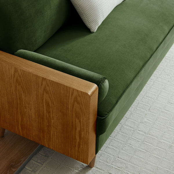 Modway Furniture Kellan Performance Velvet Sofa - Stylish Mid-Century Modern Design with Plush Comfort & Durability Walnut Moss Green EEI-6944-WAL-MOG