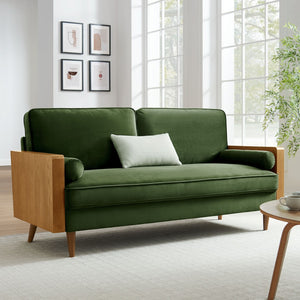 Modway Furniture Kellan Performance Velvet Sofa - Stylish Mid-Century Modern Design with Plush Comfort & Durability Walnut Moss Green EEI-6944-WAL-MOG