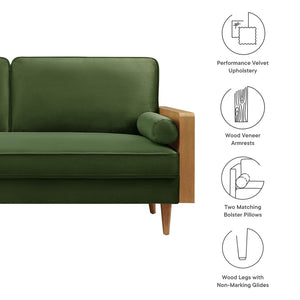Modway Furniture Kellan Performance Velvet Sofa - Stylish Mid-Century Modern Design with Plush Comfort & Durability Walnut Moss Green EEI-6944-WAL-MOG