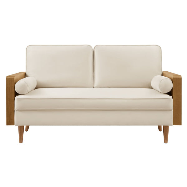 Modway Furniture Kellan Performance Velvet Loveseat - Stylish Mid-Century Modern Design for Cozy Living Spaces Walnut Alabaster EEI-6945-WAL-ALA