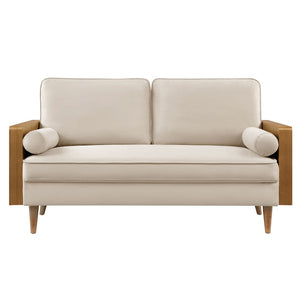 Modway Furniture Kellan Performance Velvet Loveseat - Stylish Mid-Century Modern Design for Cozy Living Spaces Walnut Almond EEI-6945-WAL-ALM