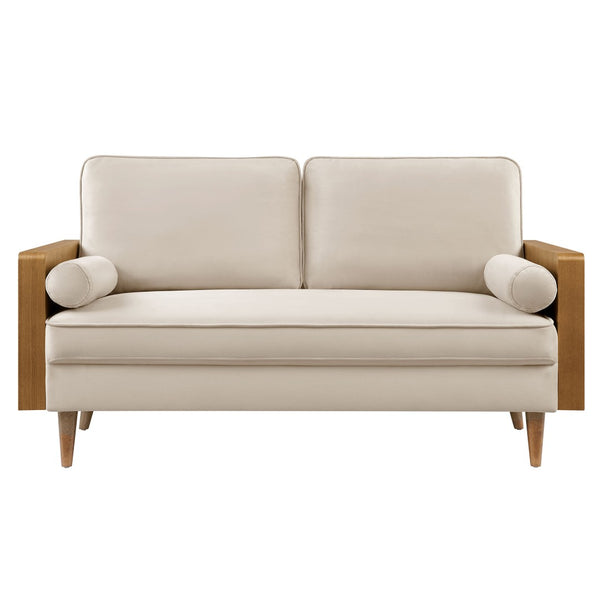 Modway Furniture Kellan Performance Velvet Loveseat - Stylish Mid-Century Modern Design for Cozy Living Spaces Walnut Almond EEI-6945-WAL-ALM