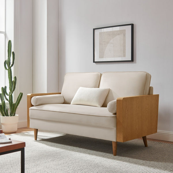 Modway Furniture Kellan Performance Velvet Loveseat - Stylish Mid-Century Modern Design for Cozy Living Spaces Walnut Almond EEI-6945-WAL-ALM