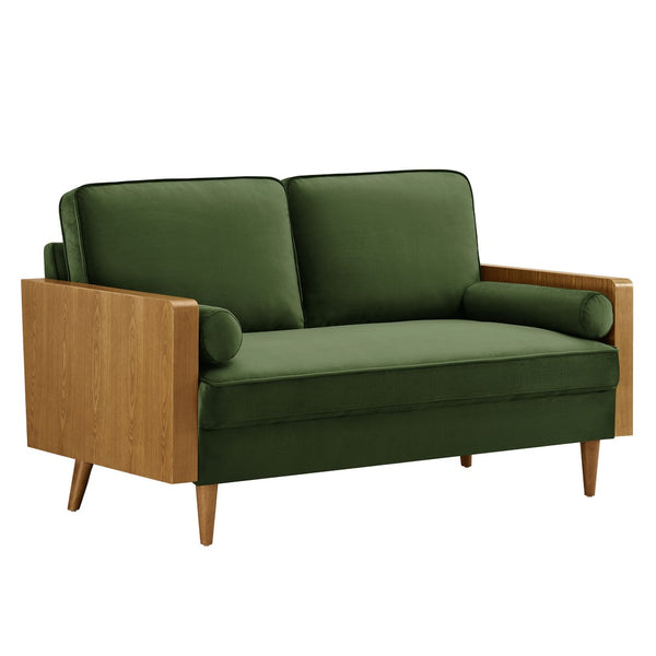 Modway Furniture Kellan Performance Velvet Loveseat - Stylish Mid-Century Modern Design for Cozy Living Spaces Walnut Moss Green EEI-6945-WAL-MOG