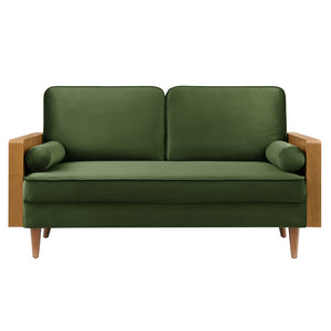 Modway Furniture Kellan Performance Velvet Loveseat - Stylish Mid-Century Modern Design for Cozy Living Spaces Walnut Moss Green EEI-6945-WAL-MOG