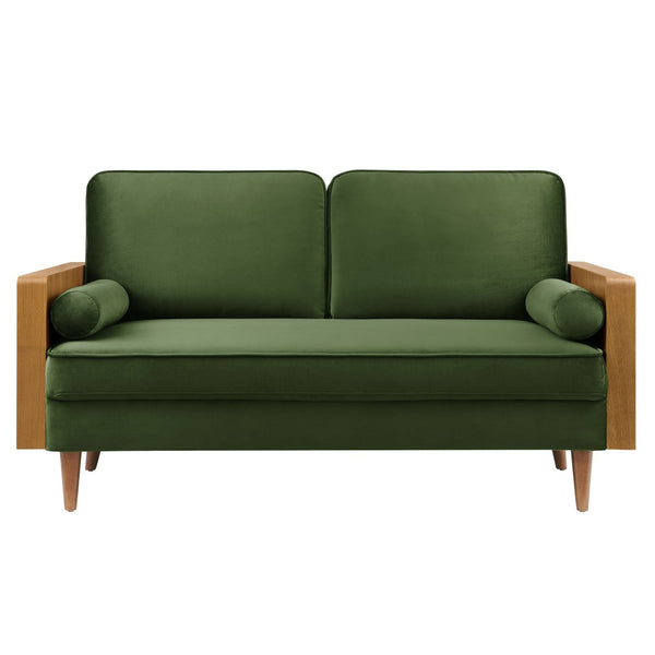 Modway Furniture Kellan Performance Velvet Loveseat - Stylish Mid-Century Modern Design for Cozy Living Spaces Walnut Moss Green EEI-6945-WAL-MOG