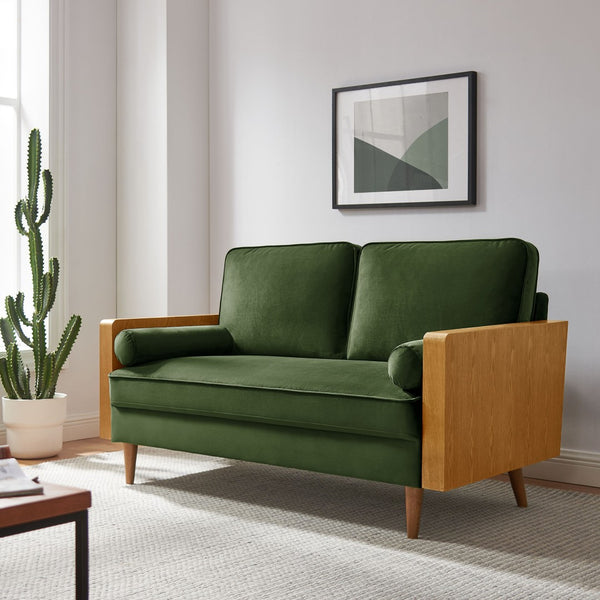 Modway Furniture Kellan Performance Velvet Loveseat - Stylish Mid-Century Modern Design for Cozy Living Spaces Walnut Moss Green EEI-6945-WAL-MOG