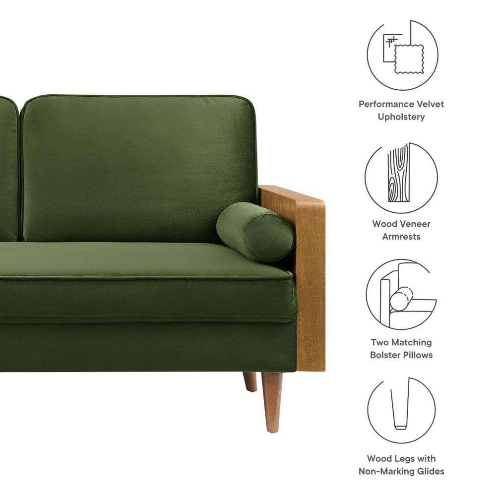 Modway Furniture Kellan Performance Velvet Loveseat - Stylish Mid-Century Modern Design for Cozy Living Spaces Walnut Moss Green EEI-6945-WAL-MOG