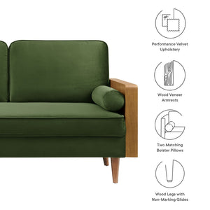 Modway Furniture Kellan Performance Velvet Loveseat - Stylish Mid-Century Modern Design for Cozy Living Spaces Walnut Moss Green EEI-6945-WAL-MOG