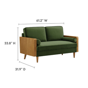 Modway Furniture Kellan Performance Velvet Loveseat - Stylish Mid-Century Modern Design for Cozy Living Spaces Walnut Moss Green EEI-6945-WAL-MOG