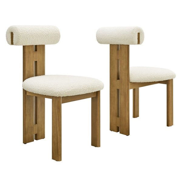 Modway Furniture Torian Boucle Upholstered Dining Chair Set of 2 - Stylish Comfort with Sculptural Design for Any Space French Oak Ivory EEI-6960-FRO-IVO