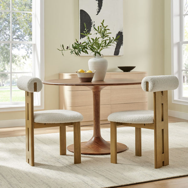 Modway Furniture Torian Boucle Upholstered Dining Chair Set of 2 - Stylish Comfort with Sculptural Design for Any Space French Oak Ivory EEI-6960-FRO-IVO