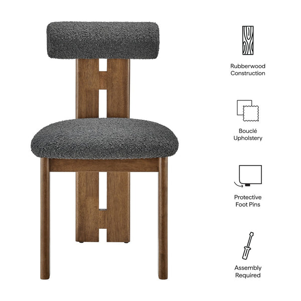 Modway Furniture Torian Boucle Upholstered Dining Chair Set of 2 - Stylish Comfort with Sculptural Design for Any Space Walnut Charcoal EEI-6960-WAL-CHA
