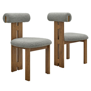 Modway Furniture Torian Boucle Upholstered Dining Chair Set of 2 - Stylish Comfort with Sculptural Design for Any Space Walnut Light Gray EEI-6960-WAL-LGR